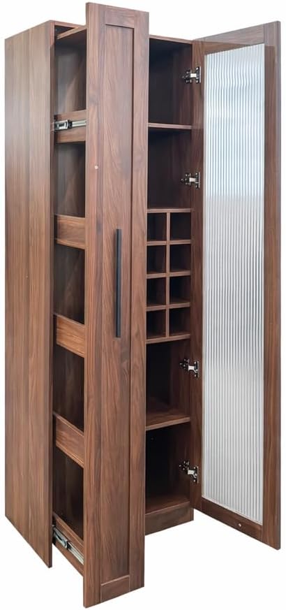 Kitchen Pantry Cabinet with Pull-Out 5-Tier Storage Shelf Space Saving Storage Organizer Cabinet with Glass Door Wine Racks Cup Holder for Kitchen, Dining Room, Bar, Walnut