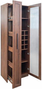 Kitchen Pantry Cabinet with Pull-Out 5-Tier Storage Shelf Space Saving Storage Organizer Cabinet with Glass Door Wine Racks Cup Holder for Kitchen, Dining Room, Bar, Walnut
