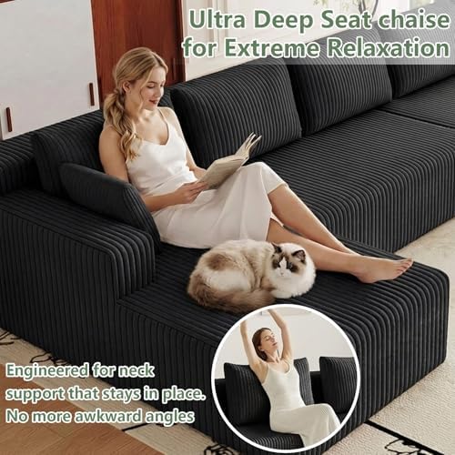160" U Shaped Cloud Couch, Oversized Modular Sectional Sofa for Living Room | Modern Corduroy Couch, 5 Seater Deep Seat Memory Foam Compressed Sofa, No Assembly Required, Black
