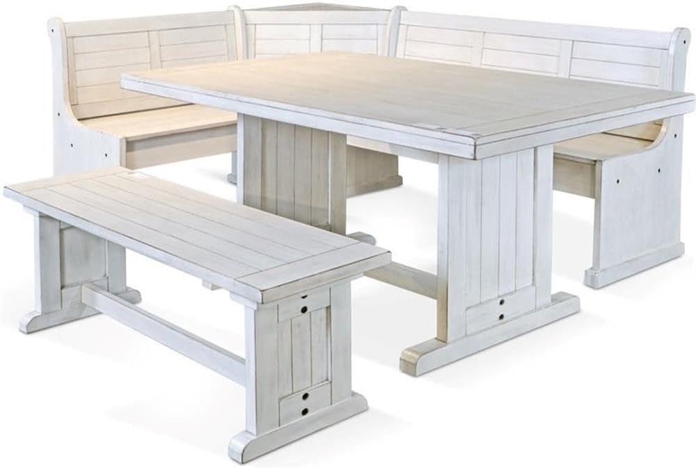 Pemberly Row 75" x 56" Farmhouse Wood Breakfast Nook Set with Table, Storage, Reversable Benche, L-Shaped Corner Bench, for Dining Room, in Marble White Finish