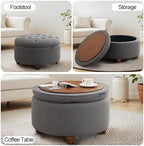 24'' Round Ottoman Coffee Table with Storage, Upholstered Tufted Ottoman with Flip Tray, Solid Wood Legs for Living Room, Bedroom, Dark Grey