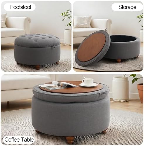 24'' Round Ottoman Coffee Table with Storage, Upholstered Tufted Ottoman with Flip Tray, Solid Wood Legs for Living Room, Bedroom, Dark Grey