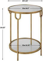 BOWERY HILL Round Two-Tier Iron Accent Table, Antique Gold Finish, Mirrored Top and Tempered Glass Shelf, 24.25" H x 17.25" W x 17.25" D, Elegant Design for Living Room or Bedroom Decor