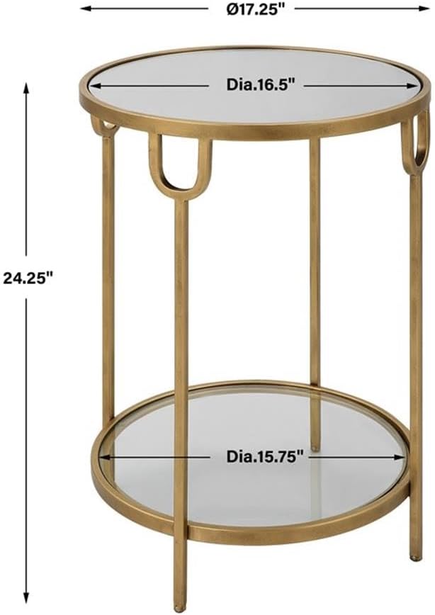 BOWERY HILL Round Two-Tier Iron Accent Table, Antique Gold Finish, Mirrored Top and Tempered Glass Shelf, 24.25" H x 17.25" W x 17.25" D, Elegant Design for Living Room or Bedroom Decor