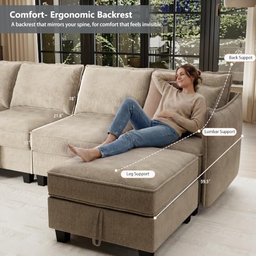 Ihanherry 112" Modular Sectional U-Shaped Sofa, Modern 6-Seat Cloud Couch with 2 Storage Ottomans, Soft Chenille Fabric Sectional Set for Living Room Bedroom Apartment, Brown