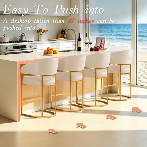 Modern Counter Height Bar Stools,Bar Stools Set of 3,PU Leather Upholstered Barrel Barstools with Backs,26" Kitchen Island Chairs,Metal Gold Frames,Support 480 LBS,Beige White Leather