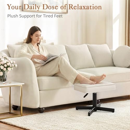 LUE BONA Adjustable Vanity Stool, 15''-19.5'' Foot Rest Under Desk, 360° Swivel Vanity Chair for Makeup Room, Cream Upholstered Faux Leather Ottoman for Bathroom & Living Room, 300lbs