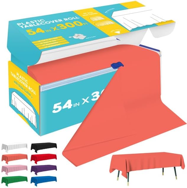 Orange Plastic Table Cover Roll - 54IN x 300FT, Table Cloth for Rectangle Table with Slide Cutter, Plastic Table Cloth Disposable with Cut-to-Size Design for Weddings, Banquets, Parties