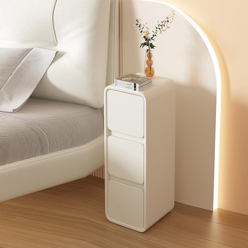 3 Tier Narrow Nightstand,Modern Bedside Table with Drawers,Sofa Side Table Table with Storage for Small Spaces,Bedroom,Living Room,White