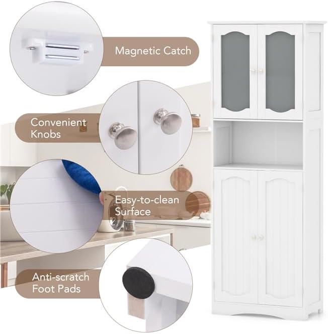 NAFORT Tall Storage Cabinet, Freestanding Cupboard with Adjustable Shelves, Frosted Glass Doors, Anti-Tipping Devices, Multifunctional Floor Cabinet for Bathroom, Dining Room & Living Room (White)