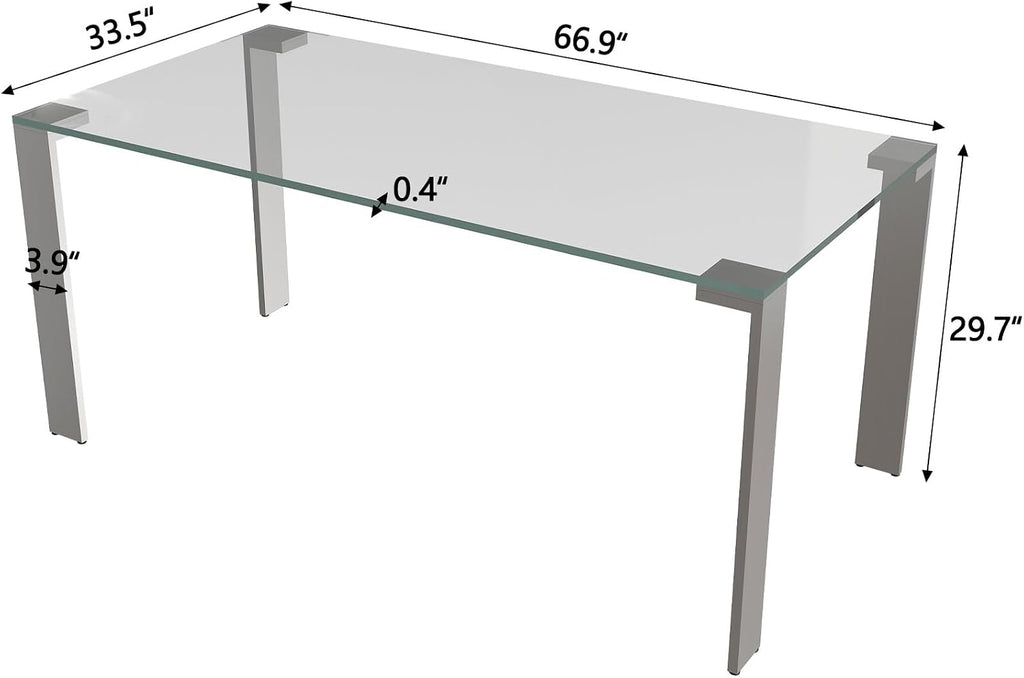 66.9" Modern Tempered Clear Glass Dining Table for 6–8 People, Rectangular Transparent Glass Top with Metal Legs, Minimalist Dining Room & Kitchen Table
