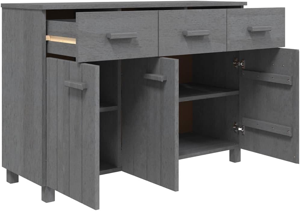 Sideboard Buffet Cabinet, Dark Grey Solid Pine Wood Credenza with 3 Drawers and 3 Doors, Wooden Storage Cupboard for Dining Room, Entryway, 44.5 Inches Long