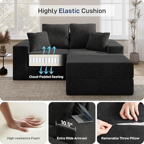 Cloud Modular Sectional Sofa, Comfy Couch for Living Room, Modern L-Shaped Couch with Reversible Chaise, Customizable Sleeper Sofa with Non Slip, No Assembly & Deep Seat, Black
