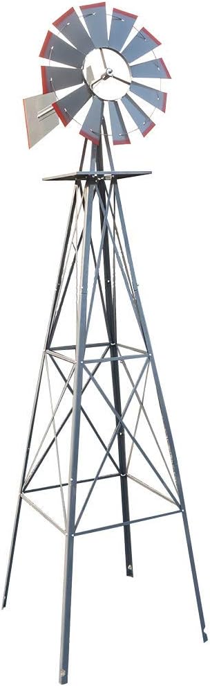 8FT Windmill for Yard Garden Decoration with Weather Vanes，Heavy Duty Outdoor Wind Mills, Large Metal Outdoor Windmill,Weather Resistant,Gray
