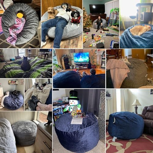 3 Ft Bean Bag Chair,Bean Bag Chairs for Living Room,3 Foot,Dark Grey | Bean Bag Chairs for Adults,Memory Foam Filling,Beanbag with Filler Included,Soft Velvet Cover,Pocket & Pull-Handle