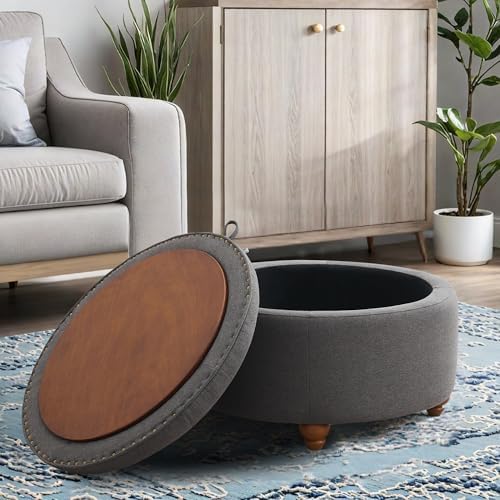 24'' Round Ottoman Coffee Table with Storage, Upholstered Tufted Ottoman with Flip Tray, Solid Wood Legs for Living Room, Bedroom, Dark Grey