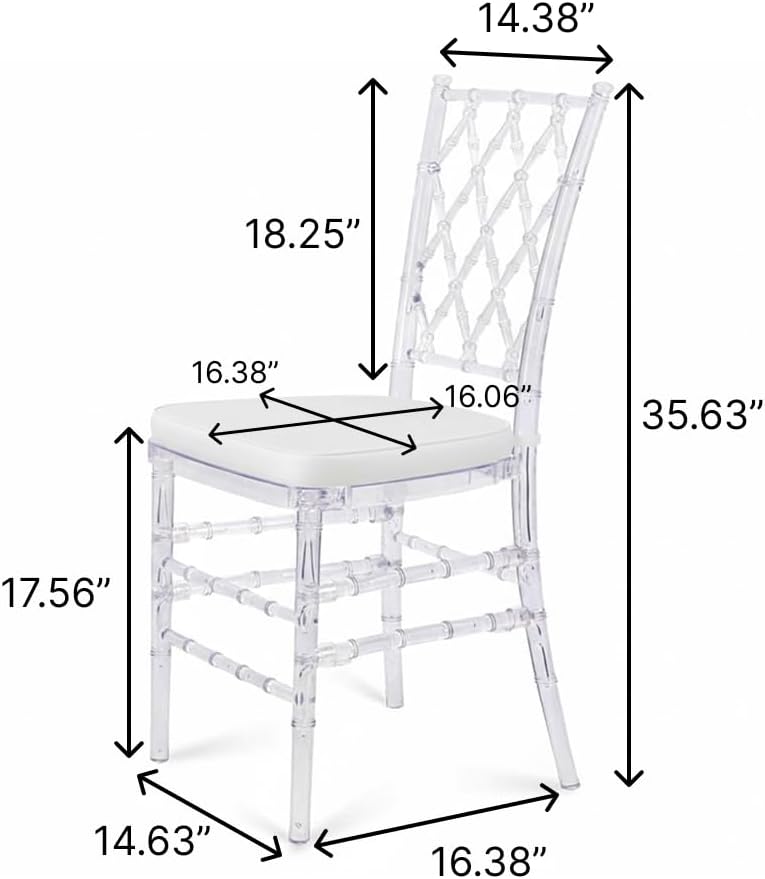 FOHFurniture Set of 3 Clear Acrylic Chiavari Chairs with Cushions, Fully Assembled Transparent Crystal Dining Chair, Accent Event Ghost Chairs for Wedding Event Reception (Clear(Grid))