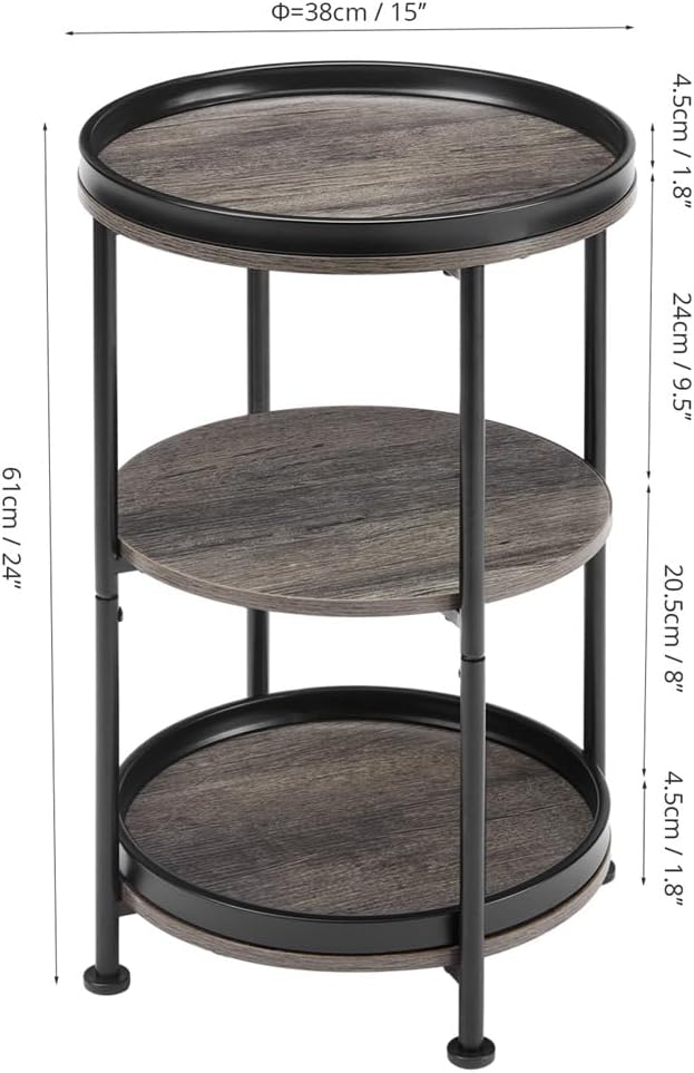 Dulcii Round Side Table with 3 Shelves for Living Room, Bedroom Nightstand with Steel Frame for Small Spaces, Industrial Round Sofa Table (Classic, Grey)