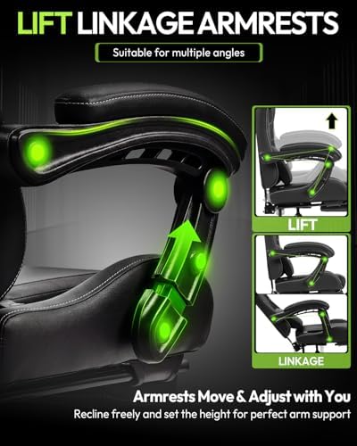 Dowinx Ergonomic Gaming Chair with Footrest & Massage Lumbar, 2D-Linkage Armrests for Computer Chair 330lbs with Headrest Pillow for Office, Home, Streaming and Long Gaming Sessions, Black