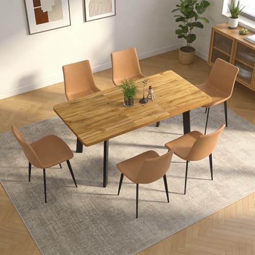 47.2"-63" Expandable Dining Room Table Set for 4-8 People, Walnut | Removable Extension Leaf, Durable MDF Rectangle Top, 6 Brown Sleek Faux Leather Chairs, Heavy Duty Modern Kitchen Table Set
