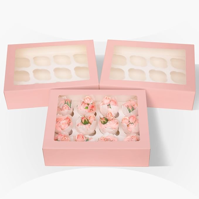 Bakepacker Auto-pop up 12 Cupcake Containers 6-Packs Pink Cupcakes Carrier, 12 Cupcake Boxes with Window 13"x10"x3.5"