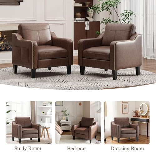 MALOL PU Leather Accent Chair Set of 2, Mid-Century Modern Living Room Armchair Sofa with Removable Cushions & Stitched Armrest Design, Bedroom Chair with Plastic Legs, Chocolate Brown