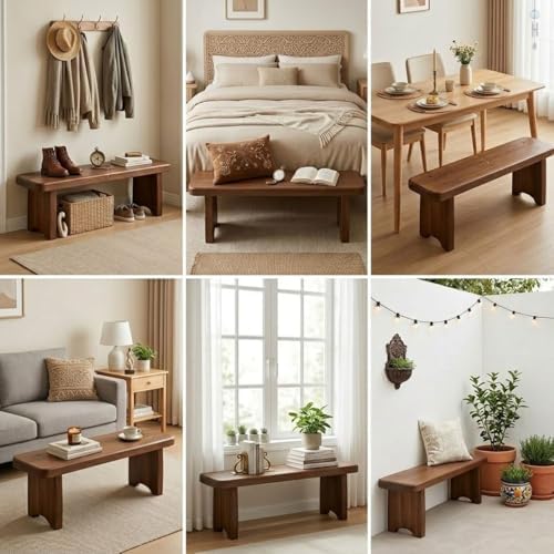 Entryway Bench, 24" to 59" Solid Wood Bench, Wooden Shoe Bench for Entryway, Farmhouse End of Bed Bench for Bedroom, Dining Room, Kitchen, Window Seat, Outdoor Garden Bench Seat