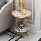 Telephone Table, Nordic Modern 2-Tier Side Table Living Room Marble Round Telephone Table Golden Wrought Iron Coffee Table,50x63CM (Color:White)