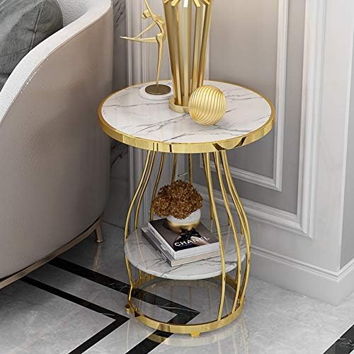 Telephone Table, Nordic Modern 2-Tier Side Table Living Room Marble Round Telephone Table Golden Wrought Iron Coffee Table,50x63CM (Color:White)