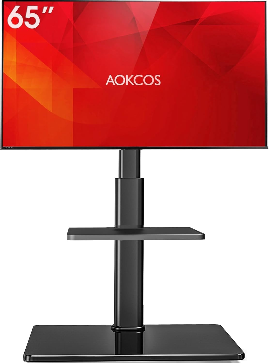 AOKCOS Floor TV Stand with 60-Degree Swivel, TV Floor Stand for 32-65 inch TVs up to 88lbs with Tilt, 8 Level Height Adjustable Tall TV Mount Stand with Shelf, Tempered Glass Base, MAX VESA 400x400mm