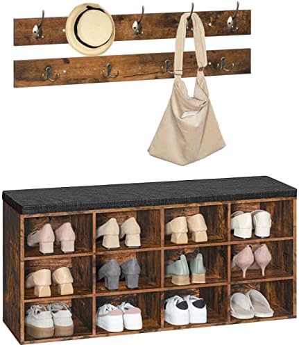 HOOBRO Shoe Storage Bench with Cushion, 39.4" L Entryway Bench with 12 Cubbies, Entryway Hall Tree with Storage, Shoe Cabinet with Coat Rack for Bedroom, Hallway, Holds up to 330 lb, BF112HX01G1