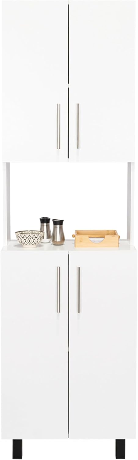 Tuhome Linden 76.8" Tall Kitchen Pantry Cabinet, Freestanding Pantry Cabinets for Kitchen Storage, 4 Doors, Open Microwave Hutch Shelf, 5 Shelves, White