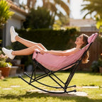 Oversized Rocking Camping Chair for Adults with Headrest, Portable Rocking Chair with Cup Holder, Side Pocket & Carry Bag, Heavy Duty Outdoor Rocker Chair for Camp, Patio, Pink