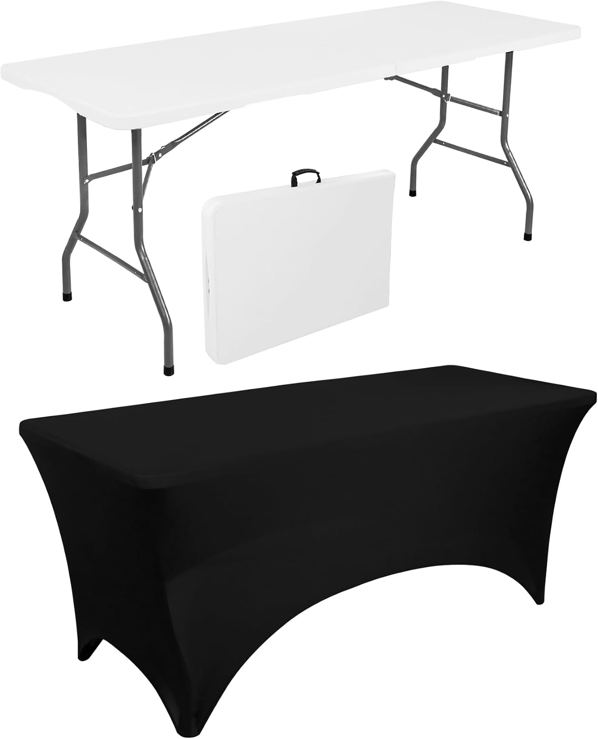 1 Set 6 FT Rectangle Folding Table with Carrying Handle, Lightweight Fold-in-Half Utility Table, with Matching Black Stretch Spandex Covers, Ideal for Weddings, Parties, Camping, Banquets, Crafts