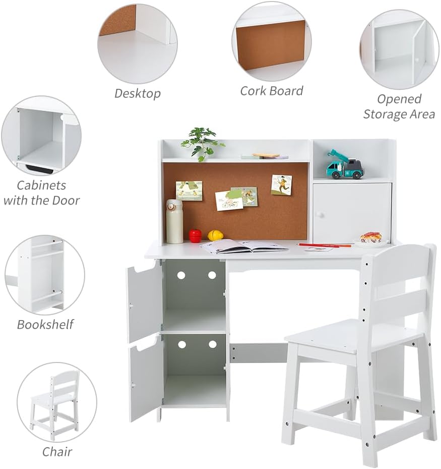 White Study Desk and Chair Set with Storage | Kids' Learning Table for Boys and Girls, Ages 3-8