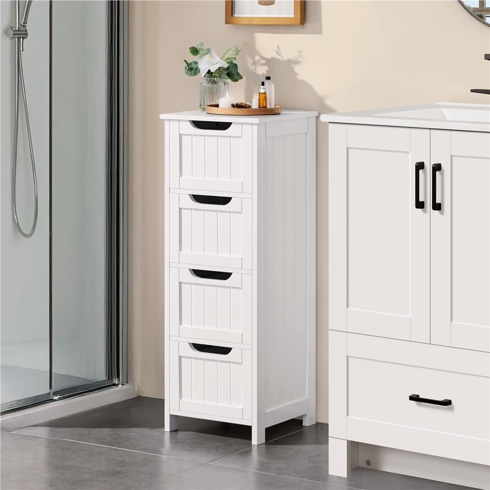 Yaheetech Bathroom Storage Cabinet, 12" W Slim 4-Drawer Design, White | Narrow Freestanding Organizer for Small Spaces, Beside Toilet or Vanity, Beadboard Tower, 32.5"H, P2 MDF, Water-resistant