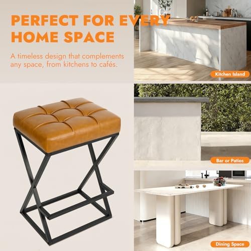 Bar Stools Set of 2, 26 Inch Counter Height Stool Faux Leather Brown | Backless Counter Stools with X-Frame Metal Legs, 3.3" Upholstered Seat, Mid-Century Modern, for Kitchen Island, Home Bar
