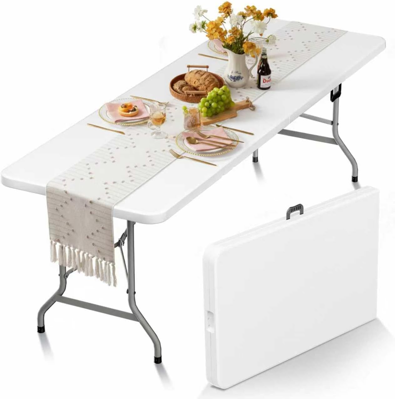 Folding Table Picnic Table, 8 ft Camping Table with Handle and Safety Locks | Foldable Portable Dining Table, Heavy Duty HDPE Plastic, Indoor Outdoor for Camping, Picnic and Party