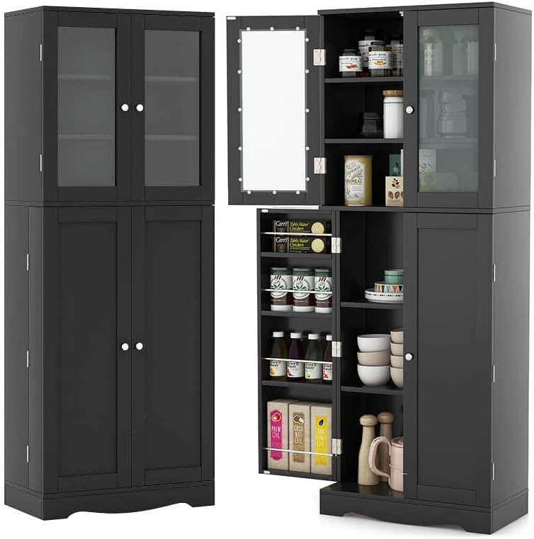 LOKO 63.5" Tall Kitchen Pantry Storage Cabinet, Freestanding Food Storage Cabinet with Glass Doors, Storage Shelves & Door Racks, Modern Cupboard for Dining Room, Living Room (Black)