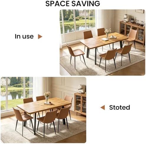 47.2"-63" Expandable Dining Room Table Set for 4-8 People, Walnut | Removable Extension Leaf, Durable MDF Rectangle Top, 6 Brown Sleek Faux Leather Chairs, Heavy Duty Modern Kitchen Table Set