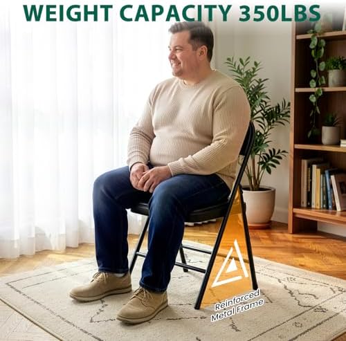 Folding Chairs 4 Pack,350 lbs Heavy Duty Metal Frame Folding Chairs with PU Leather Padded Seat,Ergonomic Portable Foldable Chair with Non-Slip Rubber Feet for Indoor Outdoor Wedding Patio Party,Black