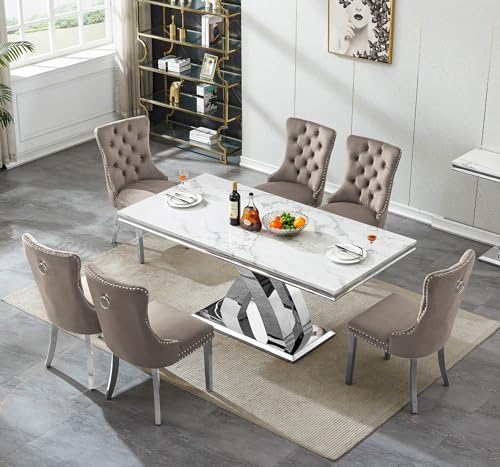 7 Piece Dining Table Set with Chairs, Faux Marble Dining Table and Gray Chair Set for 6, White Silver Dining Room Table Set with X-Shape Stainless Steel Base, Morden Kitchen Table and Chairs for 6