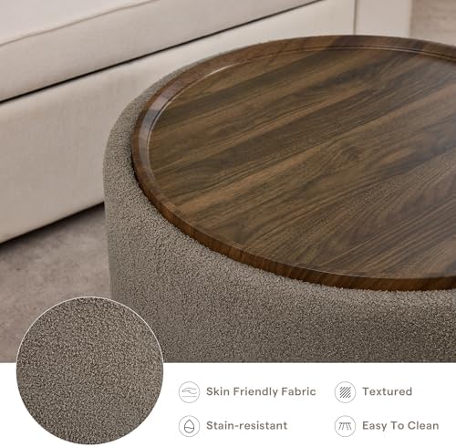 29.5 Inch Round Storage Ottoman Coffee Table, Brown Teddy | Modern Circle Coffee Table With Storage With Removable Lid Top and Solid Wood Legs, Round Ottoman for Bedroom, Living Room