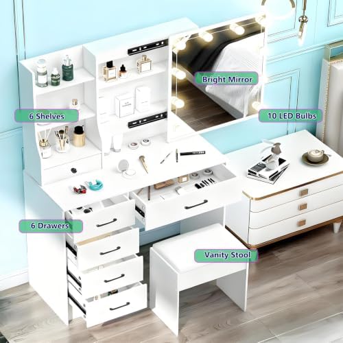 Vanity Desk with Mirror and Lights, 6 Drawers 6 Shelves 1 Stool & Sildeable Mirror Makeup Vanity, 3 Modes Light Adjustable, White, 51" H