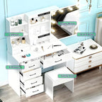 Vanity Desk with Mirror and Lights, 6 Drawers 6 Shelves 1 Stool & Sildeable Mirror Makeup Vanity, 3 Modes Light Adjustable, White, 51" H