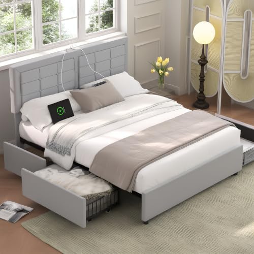 VECELO Full Size Bed Frame with 4 Drawers, Adjustable Tufted Button Headboard, Upholstered Platform with Wood Slats Support, Built-in USB and Type C Ports, Light Gray