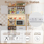 DreamDashio Pantry Cabinet with Adjustable Shelves and 3 Drawers, Tall Kitchen Pantry Storage Cabinet with LED Light & Charging Station, Kitchen Hutch with Microwave Shelf & 6 Hooks for Dining Room