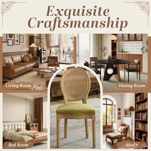 SoarFlash French Dining Chairs Set of 4, Vantage Dining Chair with Round Back, Wood Leg Farmhouse Country Rattan Dining Chair for Kitchen,Bedroom,Green