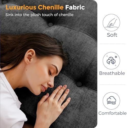 MAXYOYO 6" Folding Sofa Bed for Floor, Tufted Tri-Fold Floor Mattress | Queen Size Portable Sofa Couch Guest Mat with Chenille Fabric for Adults, Foldable Topper for Camping, Dark Grey, Queen