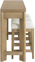 Pemberly Row Oak Console Table Set, Sand Dune Beige Finish, Solid Wood Construction with 3 Drawers & 3 Upholstered Stools, Coastal-Inspired Space-Saving Design for Entryway or Living Room